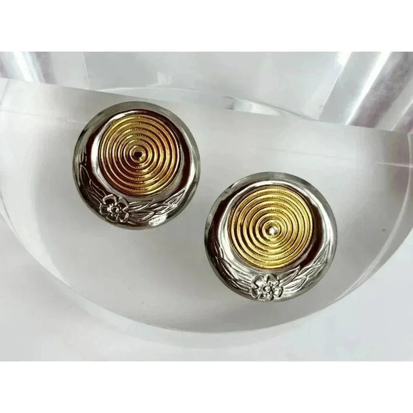 Vintage Dual Gold & Silver Toned 80's Circular / Round Bullseye Stud Earrings - Picture 6 of 6